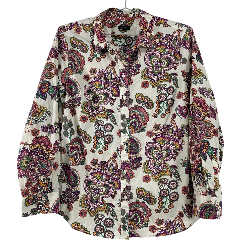 Talbots Shirt Womens Large White Paisley Floral Button Down Long‎ Sleeve Cotton